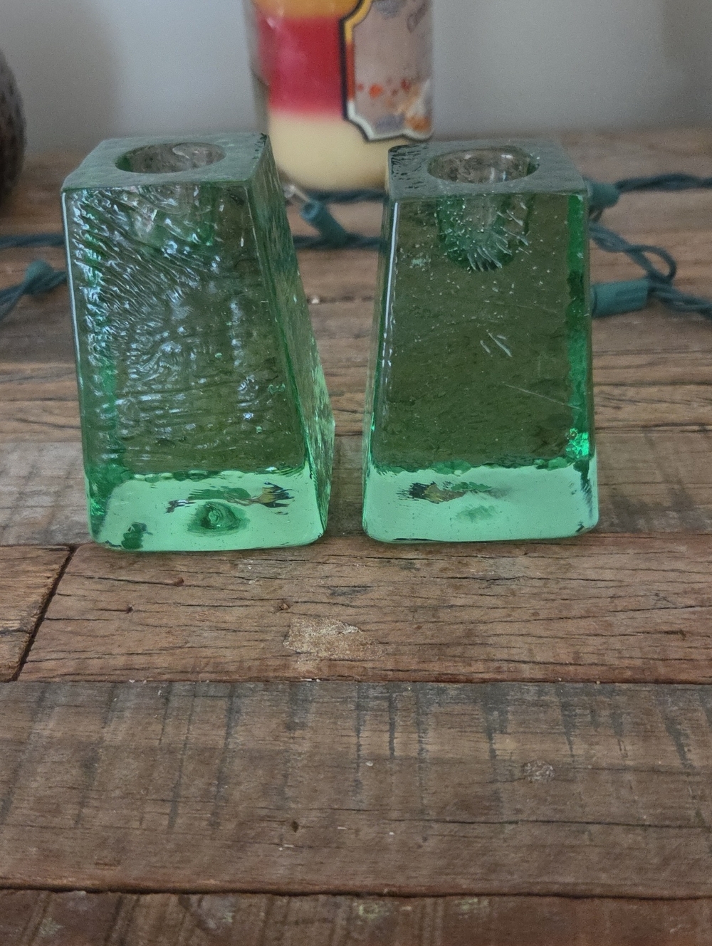 Fire and Light Signed Green Glass Taper Candle Holders - Pair
